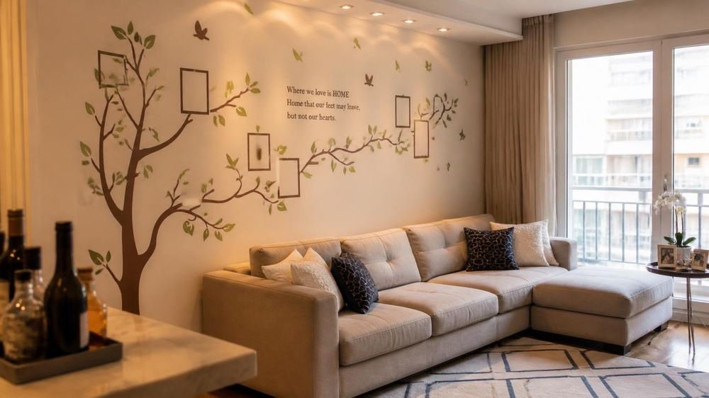 Sala decorada com adesivo de parede de árvore